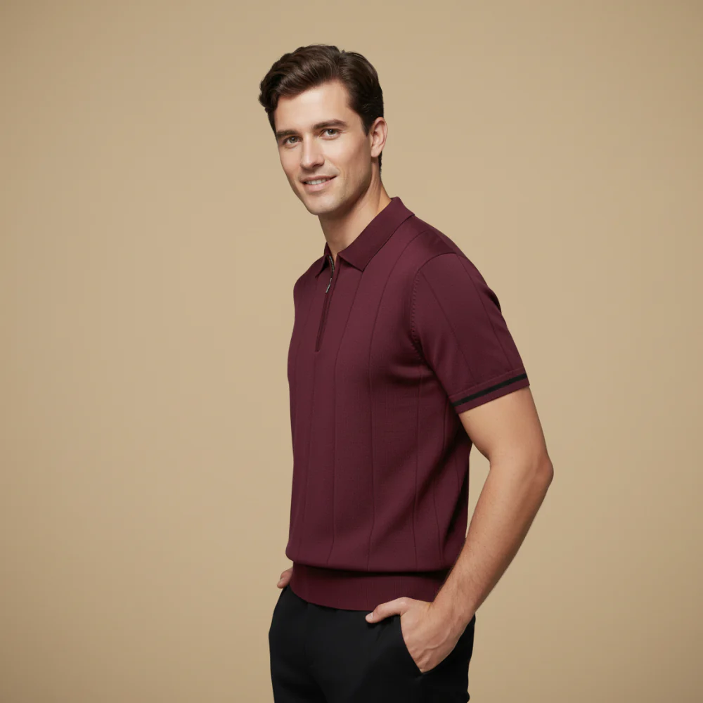 Men's quarter zip-up slim fit solid polo shirt