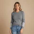 Women's Ribbed Knit Contrast Stripe Crew Jumper Fashion Grand