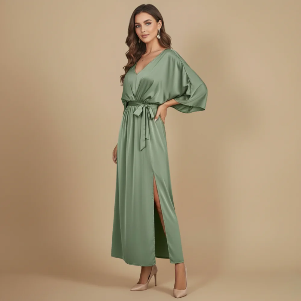 Women's V-Neck Tie Waist Long Dress Fashion Grand