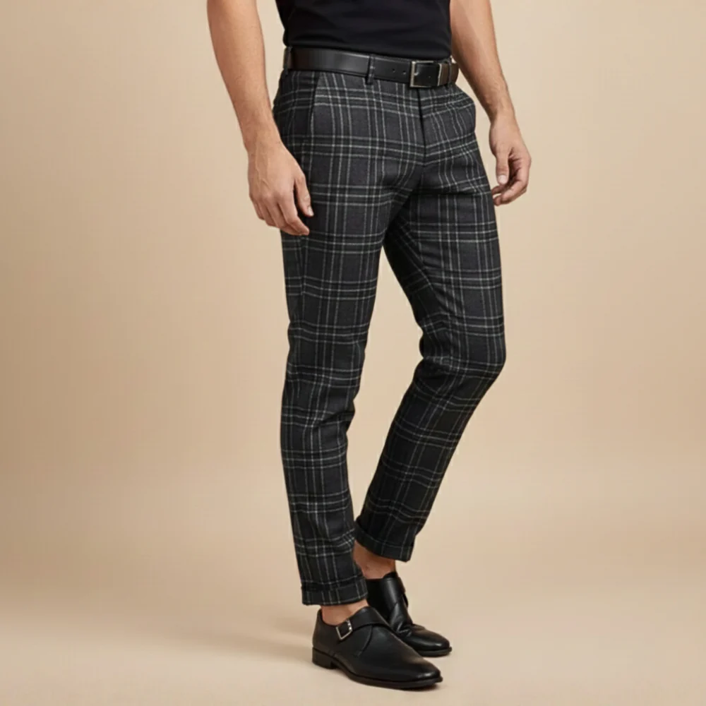 Men's checkered slim fit straight leg trousers