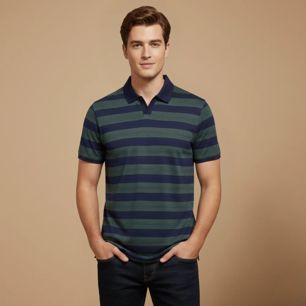 Men's striped v neck short sleeve polo shirt