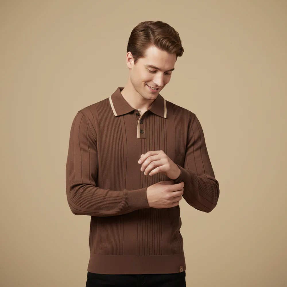 Men's button collar long sleeve polo shirt