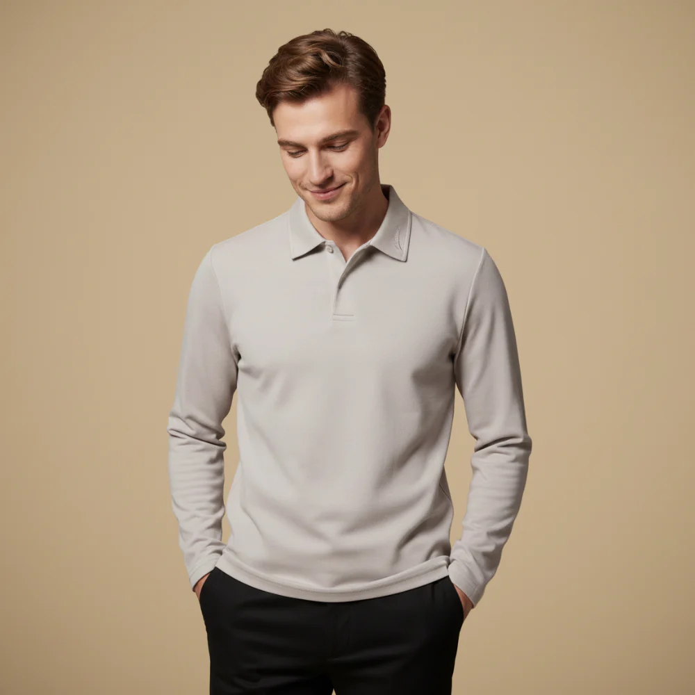 Men's long sleeve polo shirt with turned-down collar