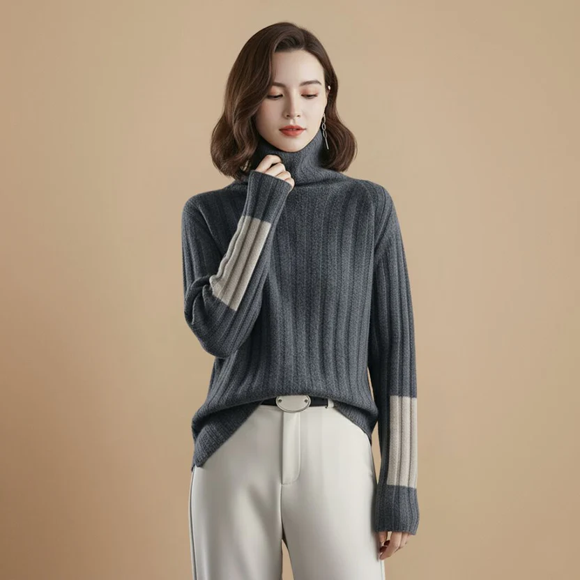 Ribbed High Collar Jumper Stripe Detail Pullover for Women Fashion Grand