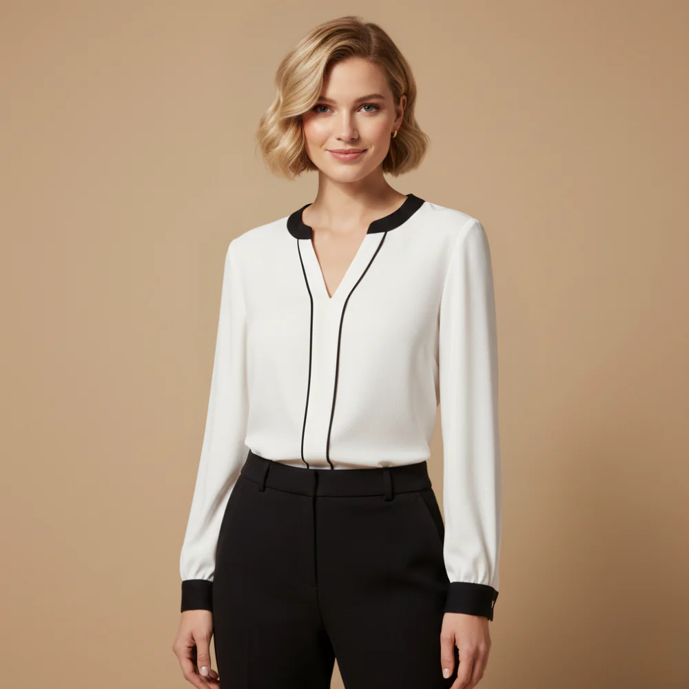 Women's v neck blouse long sleeve contrast trim Fashion Grand