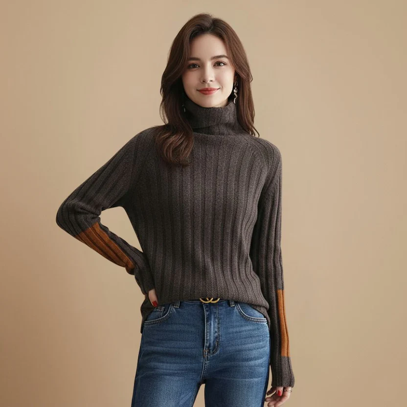 Ribbed High Collar Jumper Stripe Detail Pullover for Women Fashion Grand