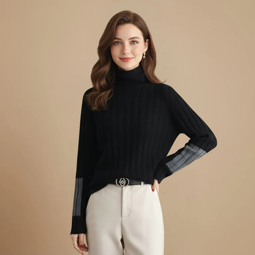 Ribbed High Collar Jumper Stripe Detail Pullover for Women Fashion Grand