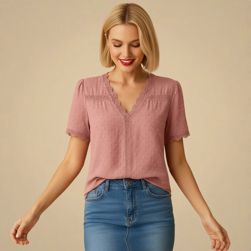 Women's Simple Lace Short Sleeve Blouse Fashion Grand