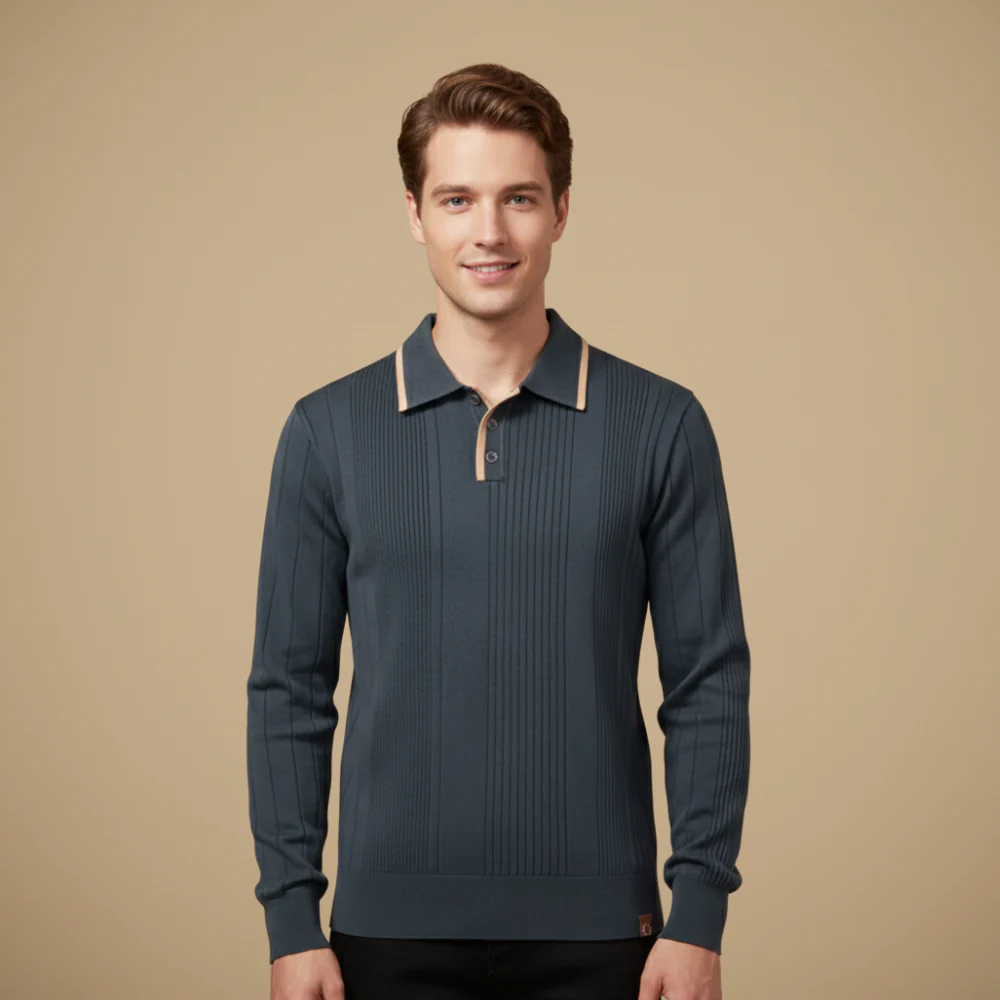 Men's button collar long sleeve polo shirt