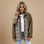 Denim Patchwork Plaid Buttoned Shirt Collar Jacket for Women Fashion Grand