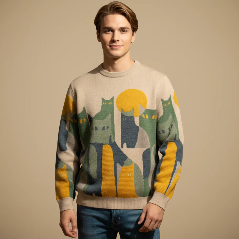 Men's Vintage Abstract Cat Print Sweater Fashion Grand