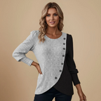Women's Contrast Sweater Asymmetrical Hemline Buttons Fashion Grand