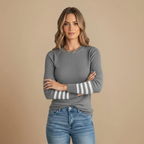 Women's Ribbed Knit Contrast Stripe Crew Jumper Fashion Grand