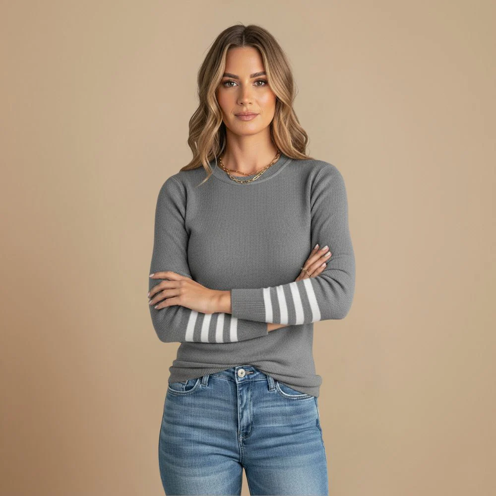 Women's Ribbed Knit Contrast Stripe Crew Jumper Fashion Grand