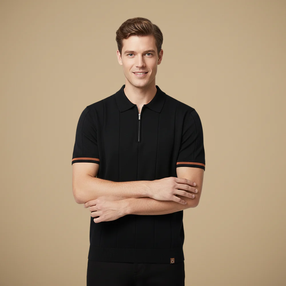 Men's quarter zip-up slim fit solid polo shirt