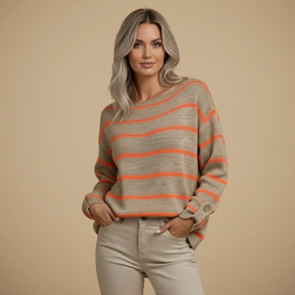 Women Striped Wide Neck Relaxed Fit Jumper Fashion Grand