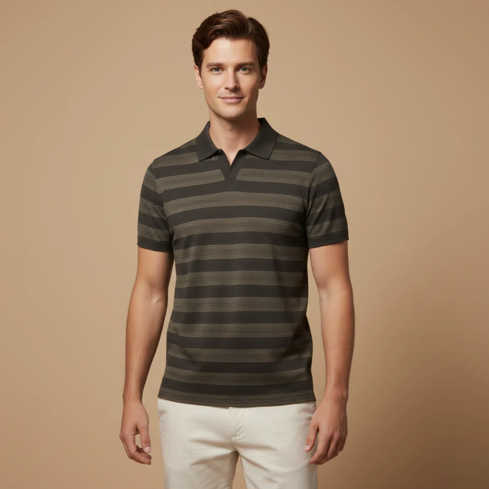 Men's striped v neck short sleeve polo shirt