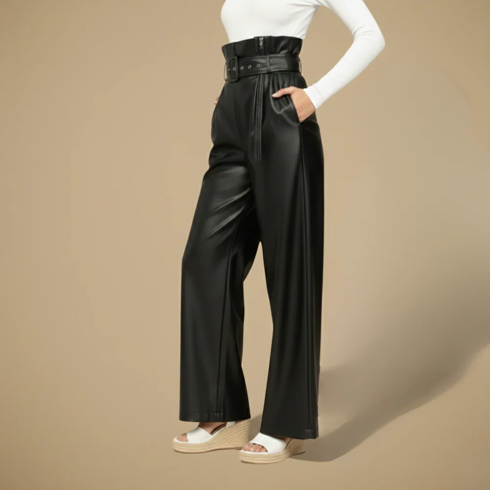 Women's high-waisted leather wide-leg trousers
