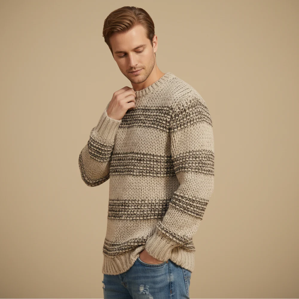Men's Striped Crew Neck Stretch Pullover Sweater Fashion Grand