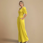 Women's Puff Sleeve V-Neck Wide Jumpsuit Fashion Grand