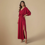 Women's V-Neck Tie Waist Long Dress Fashion Grand