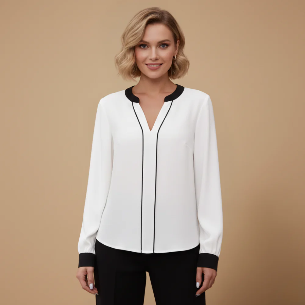 Women's v neck blouse long sleeve contrast trim Fashion Grand