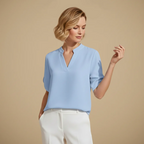 Women's V-Neck Short Sleeve Stand-up Collar Blouse Fashion Grand