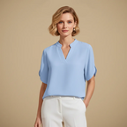 Women's V-Neck Short Sleeve Stand-up Collar Blouse Fashion Grand