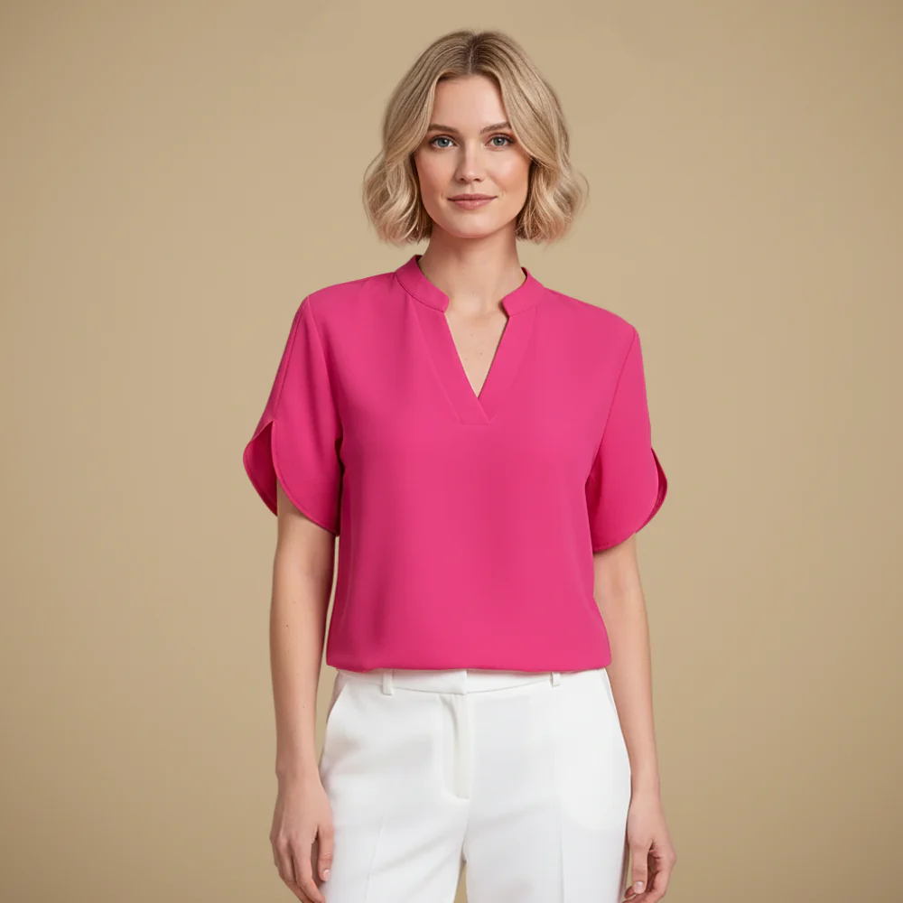 Women's V-Neck Short Sleeve Stand-up Collar Blouse Fashion Grand