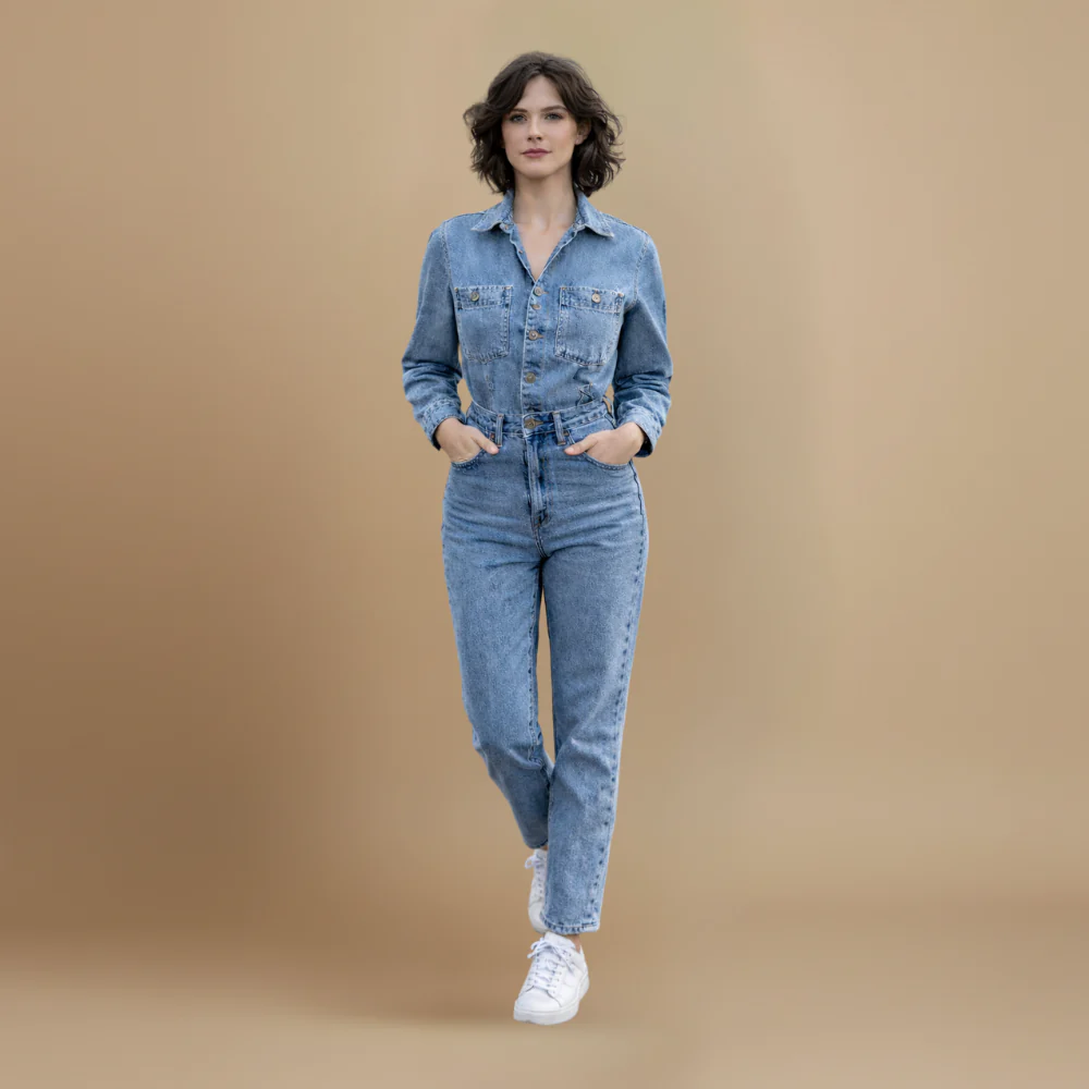 Women’s casual denim jumpsuit with straight legs and long sleeves Fashion Grand