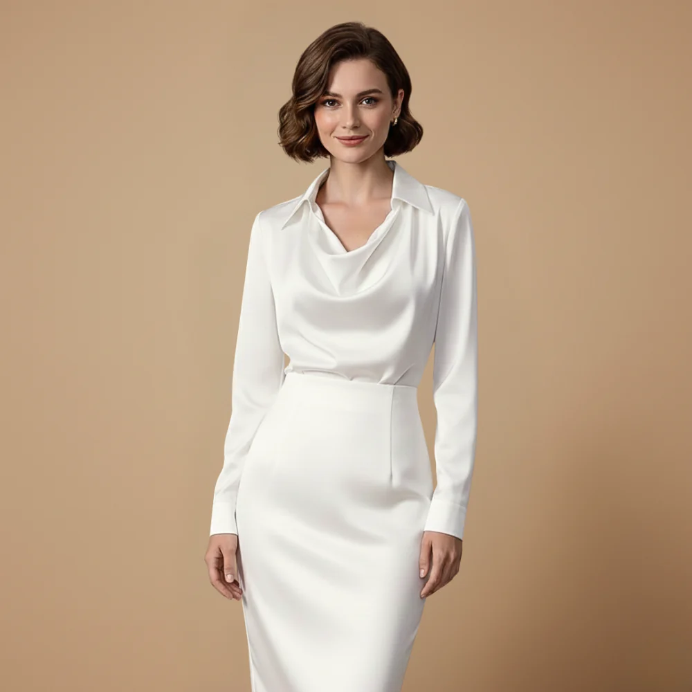 Women's elegant blouse with long sleeves and draped neckline Fashion Grand