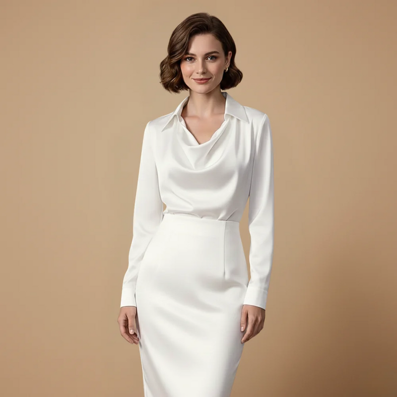 Women's elegant blouse with long sleeves and draped neckline Fashion Grand