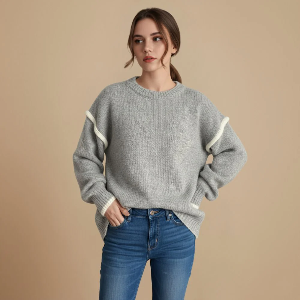 Women's Thick Knit Round Neck Contrast Line Jumper Fashion Grand