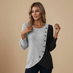 Women's Contrast Sweater Asymmetrical Hemline Buttons Fashion Grand