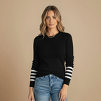 Women's Ribbed Knit Contrast Stripe Crew Jumper Fashion Grand