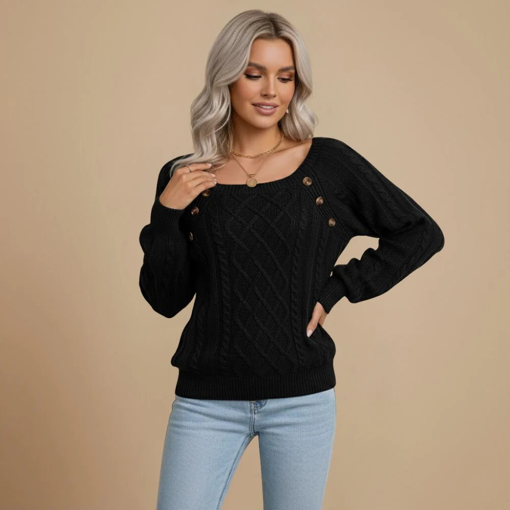 Cable Knit Shoulder Button Detail Round Jumper for Women Fashion Grand