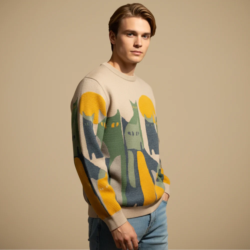 Men's Vintage Abstract Cat Print Sweater Fashion Grand