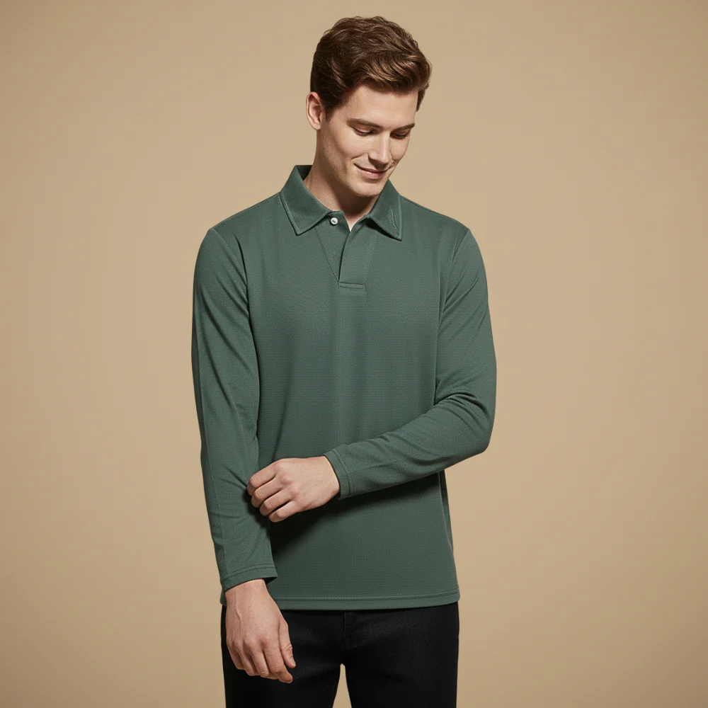 Men's long sleeve polo shirt with turned-down collar