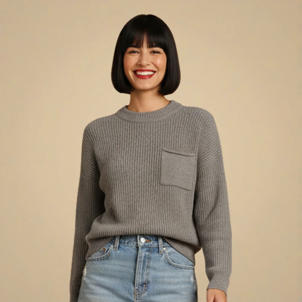 Crew Neck Knitted Sweater with Chest Pocket for Women Fashion Grand