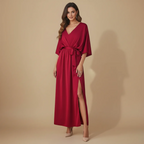 Women's V-Neck Tie Waist Long Dress Fashion Grand