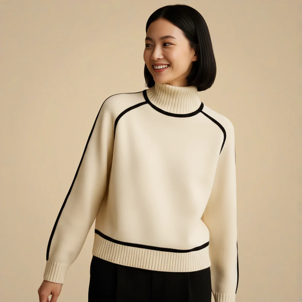 Women's Knitted Turtleneck Sweater with Contrast Trim Fashion Grand