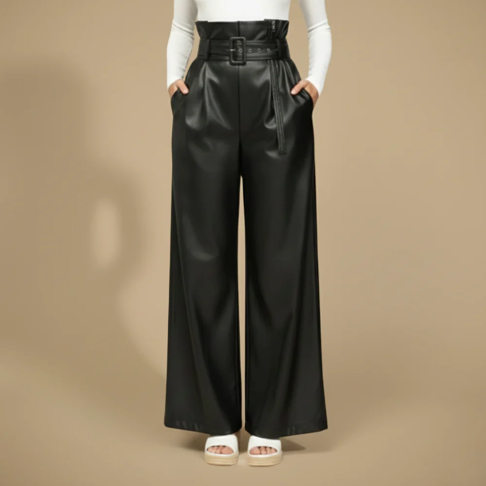 Women's high-waisted leather wide-leg trousers
