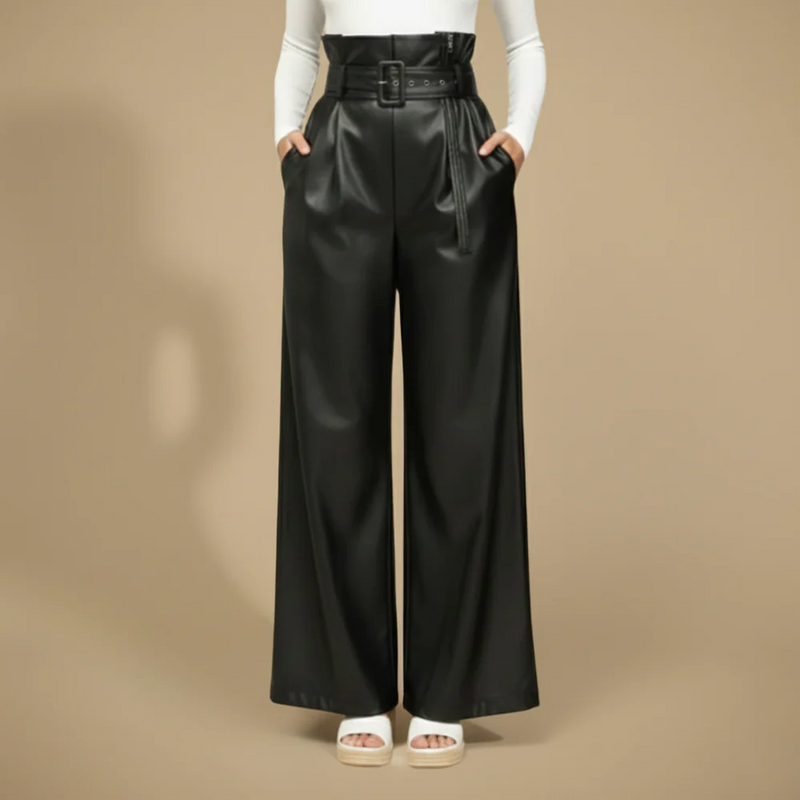 Women's high-waisted leather wide-leg trousers