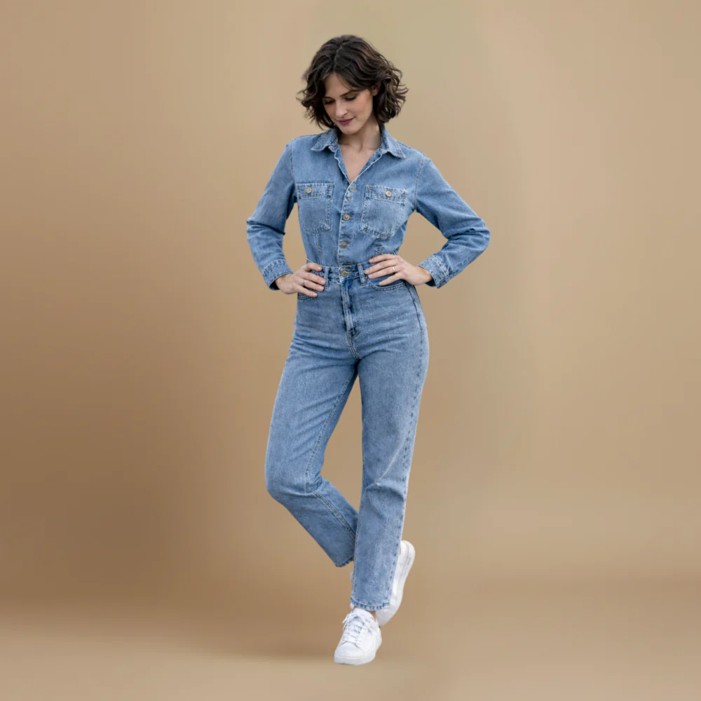 Women’s casual denim jumpsuit with straight legs and long sleeves Fashion Grand