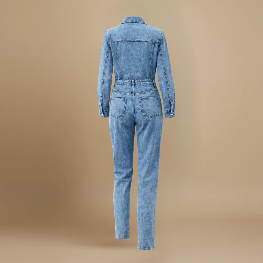 Women’s casual denim jumpsuit with straight legs and long sleeves Fashion Grand
