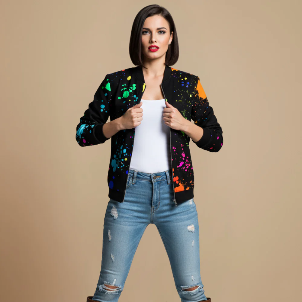 Women's Casual Print Long Sleeve Bomber Jacket Fashion Grand