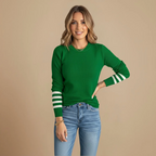 Women's Ribbed Knit Contrast Stripe Crew Jumper Fashion Grand
