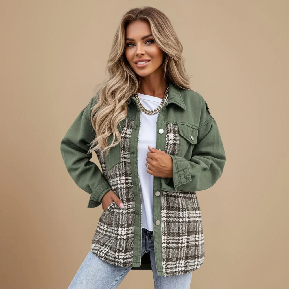 Denim Patchwork Plaid Buttoned Shirt Collar Jacket for Women Fashion Grand
