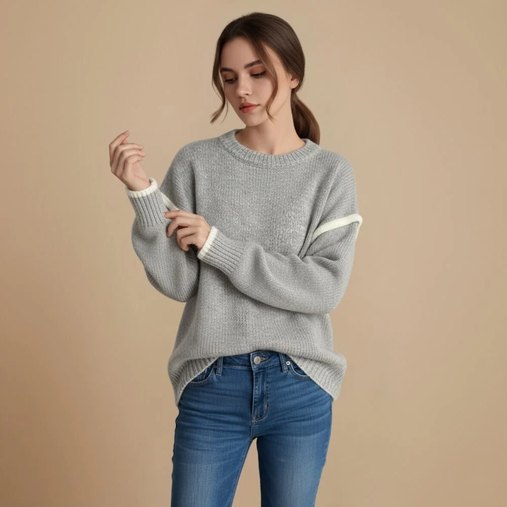 Women's Thick Knit Round Neck Contrast Line Jumper Fashion Grand