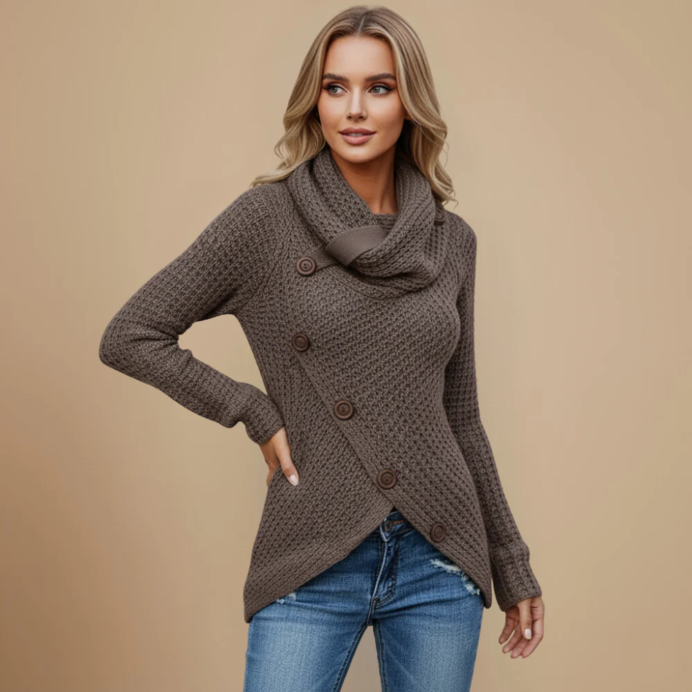 Ladies Knit Sweater Cowl Neck Button Detail Fashion Grand